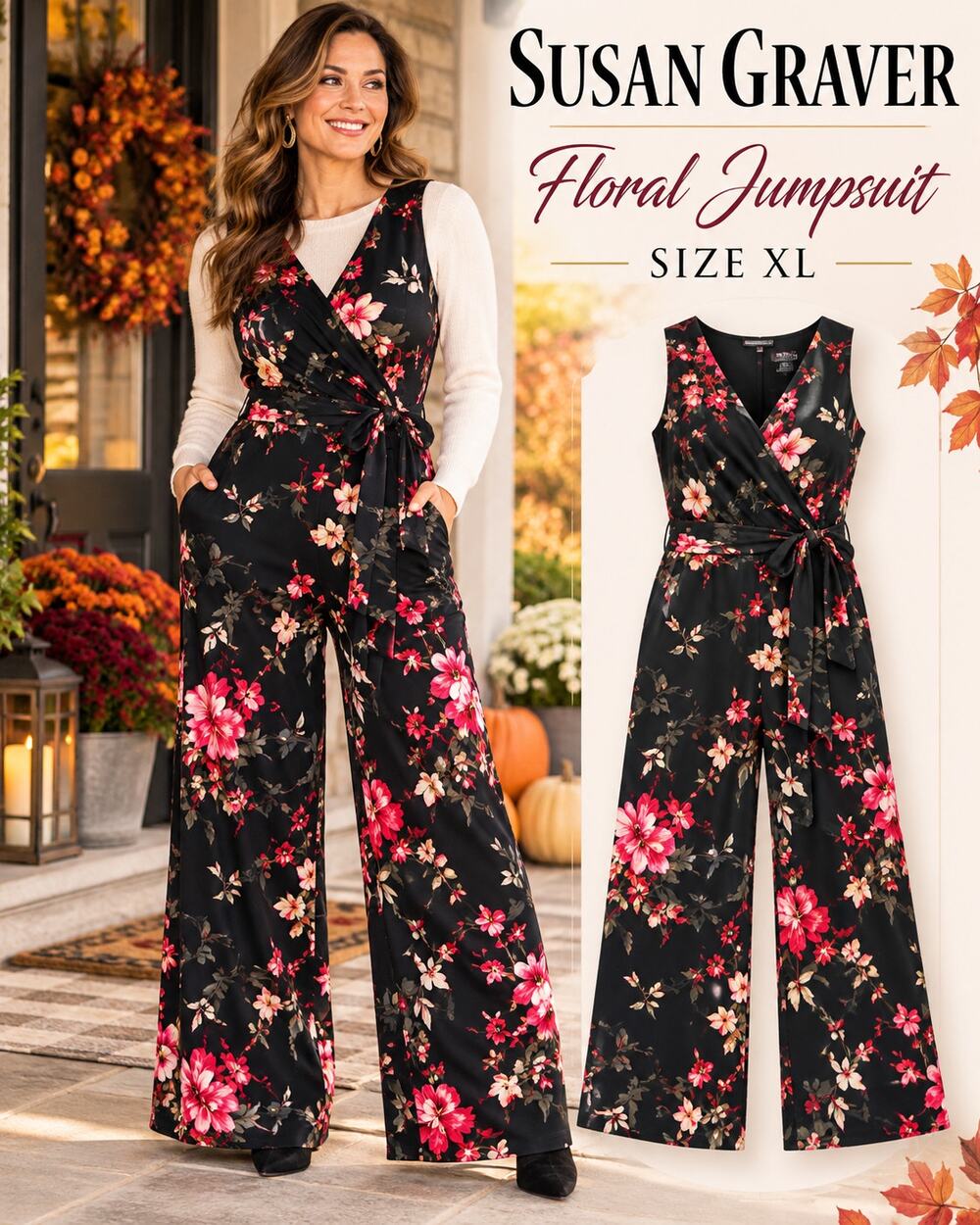 Susan Graver Womens XL Black Floral Sleeveless Wide Leg Jumpsuit Pockets
